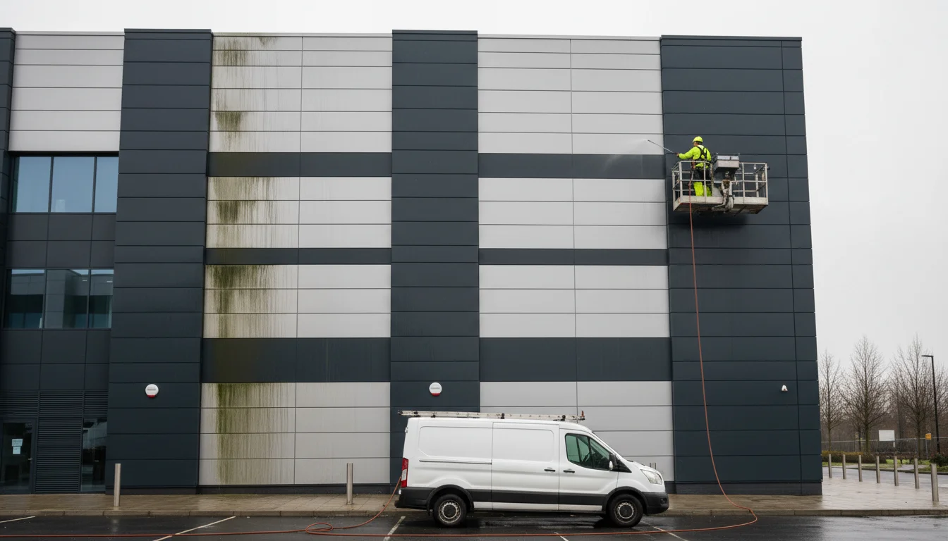 Technician on a cherry picker soft-washing algae staining from a commercial cladding facade